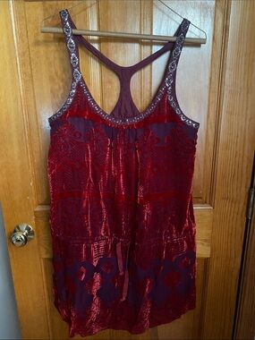 Free People Red Velvet Embroidered Tank Chemise
